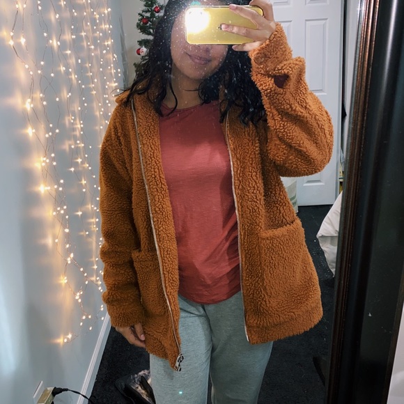 rust oversized borg zip through teddy jacket